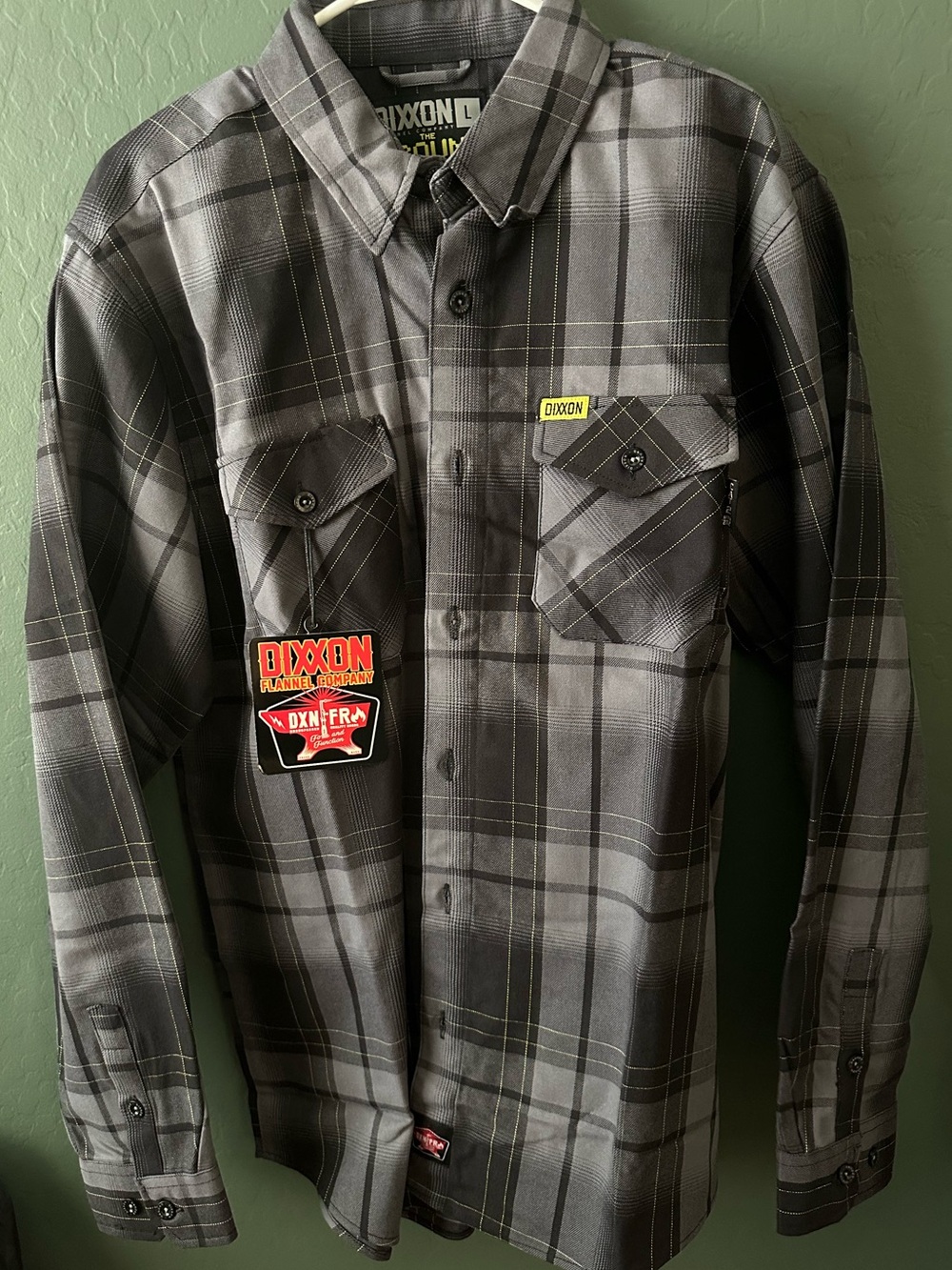 DIXXON Men's Black and Gray Plaid Button-Down Shirt with Patch Detail